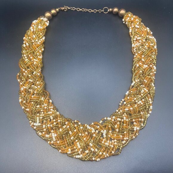 Jewelry - Handmade Braided Glass Seed Bead Necklace Gold Amber White Brass 19+3" Boho